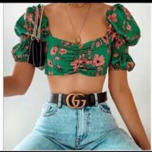 Zara Floral Puff Sleeve Crop Top - Green and Pink